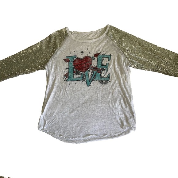 The Unbranded Brand Tops - Womens Sequin Sleeve Raglan Burnout Tee LOVE Graphic Heart 3/4 Sleeve White xl